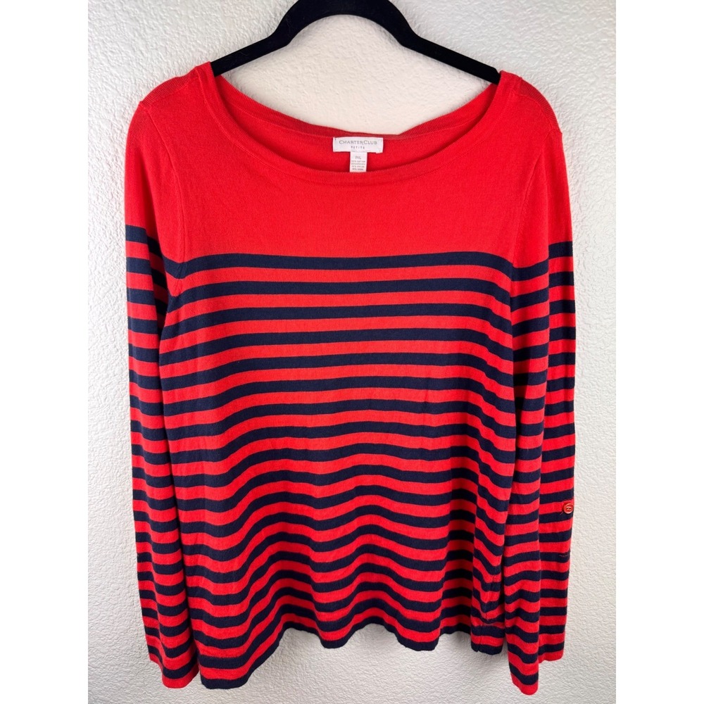 Charter Club Petite Wool Red Navy Striped Long Sleeve Sweater Top P/L Preppy‎